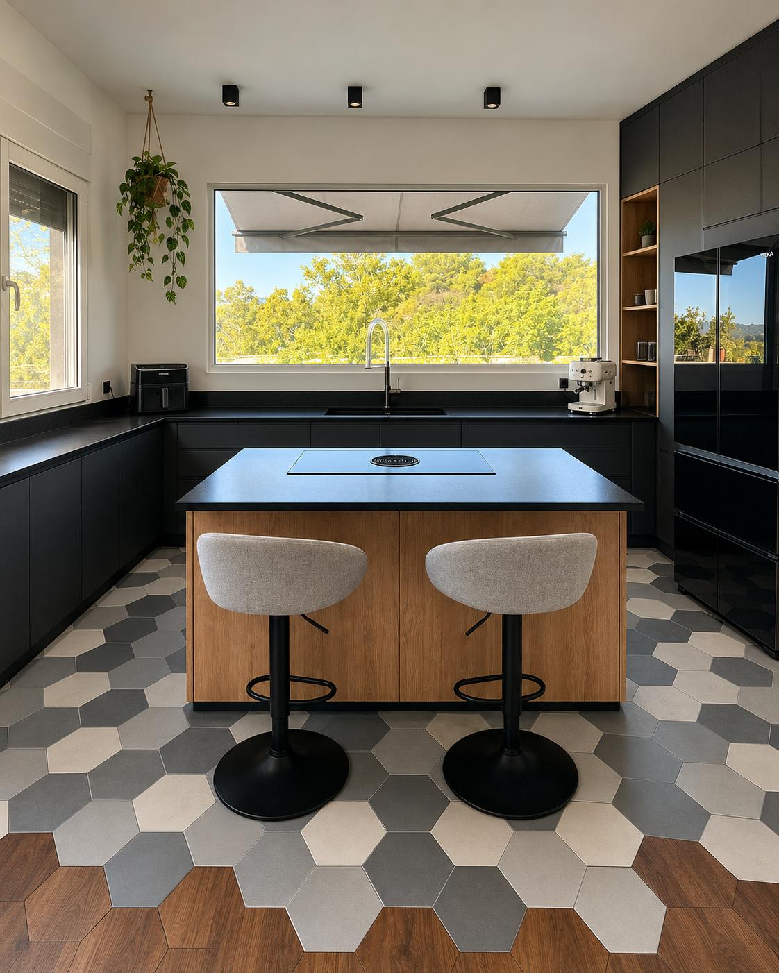 Cocina negra con isla reformada por Sorval Refor+